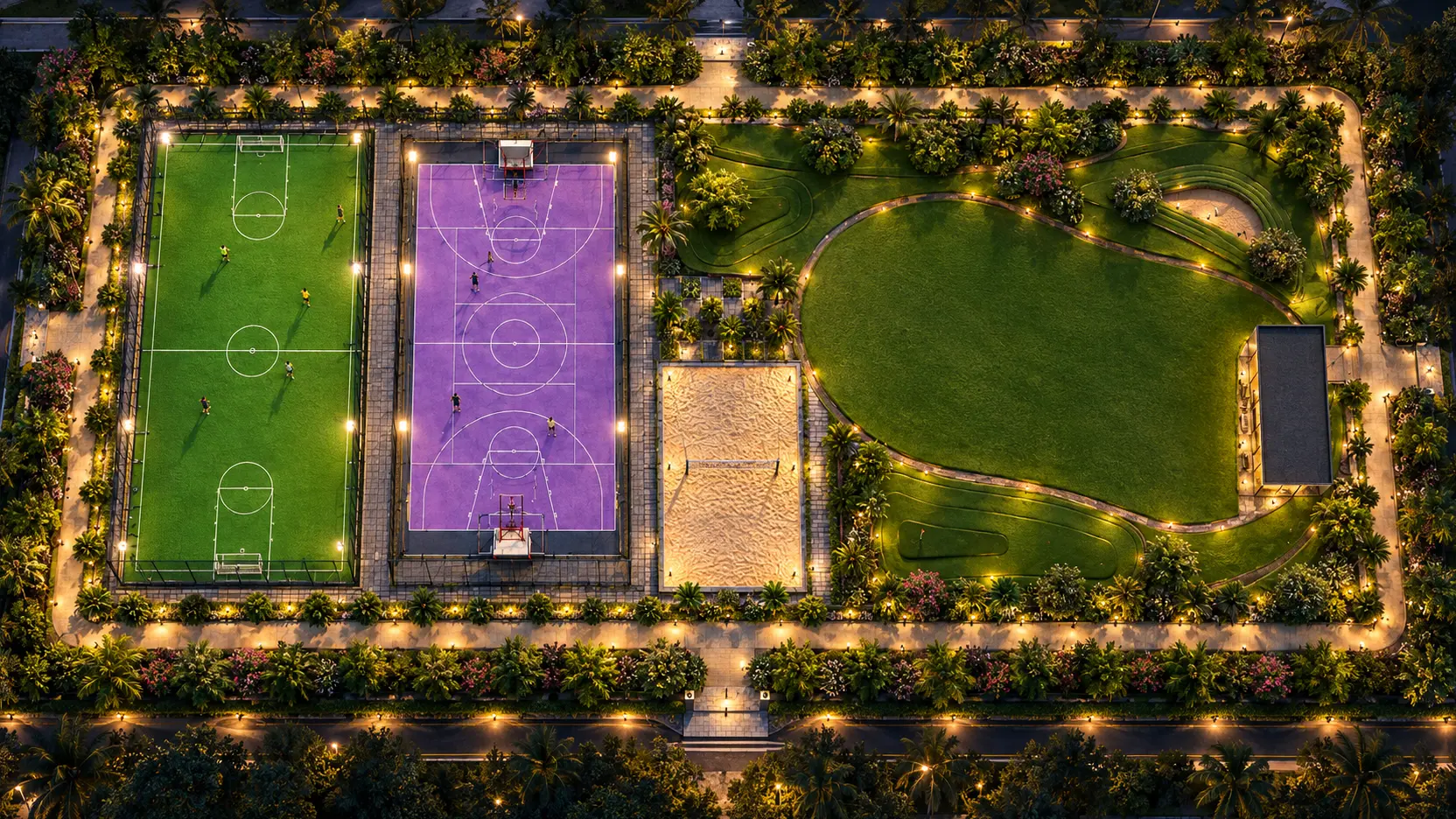 Night aerial artistic visualization of LEAN Valley Central Park